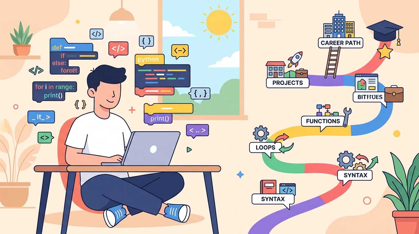 Python roadmap 2026 beginner coding learning path illustration
